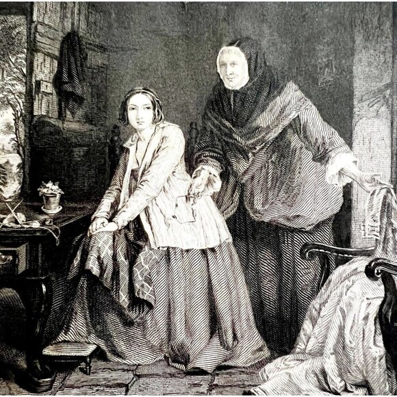 The Hearts Resolve Engraving 1859 Victorian Silk Dress Beautiful Woman Art DWY5G - Picture 1 of 2